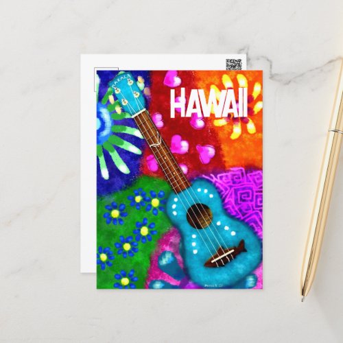 Abstract Funky Ukulele Floral Tropical Teal Pink Postcard