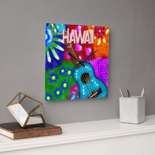 Abstract Funky Ukulele Floral Tropical Teal Purple Square Wall Clock