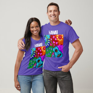 Abstract Funky Ukulele Floral Tropical Teal Purple T-Shirt