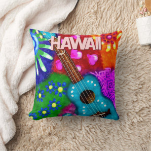 Abstract Funky Ukulele Floral Tropical Teal Purple Throw Pillow