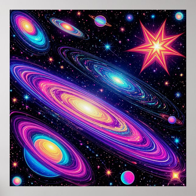 Abstract Galaxy Scene with Stars, Planets Poster (Front)