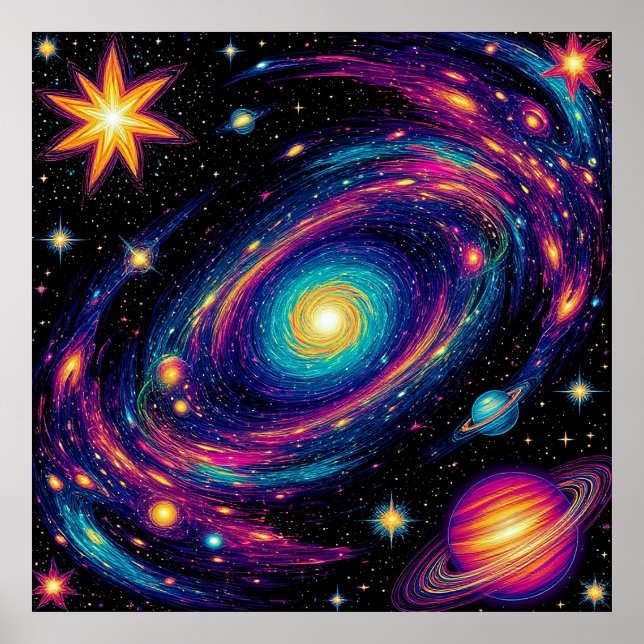 Abstract Galaxy Scene with Stars, Planets Poster (Front)