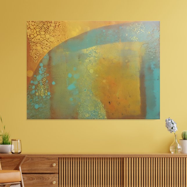 Abstract Gelli Plate print teal blue yellow gold (Insitu(LivingRoom))