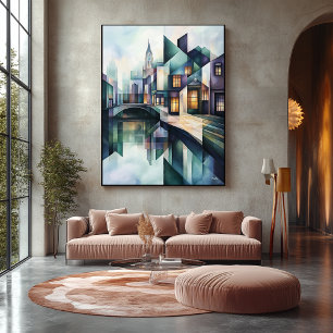 Abstract Geometric Amsterdam Skyline with Canal Canvas Print