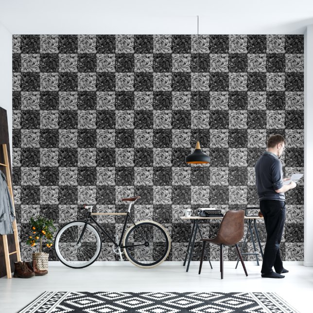 Abstract Geometric Black and Grey Checkerboard  Wallpaper (Living Room)