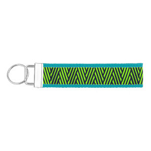 Abstract Geometric Black and lime Stripes, Trippy Wrist Keychain