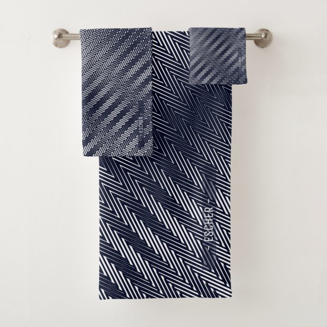 Abstract Geometric Black and White Stripes Manly   Bath Towel Set (Insitu)