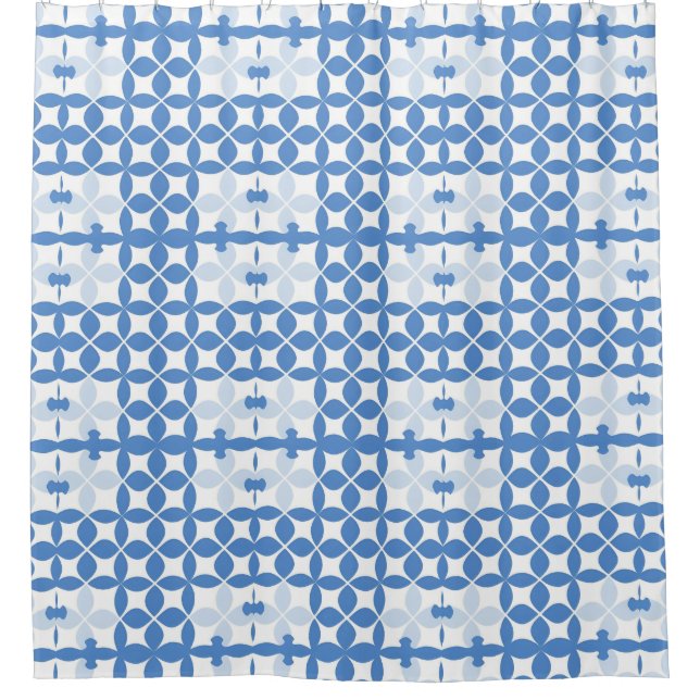 Abstract Geometric Blue and White Pattern Shower Curtain (Front)