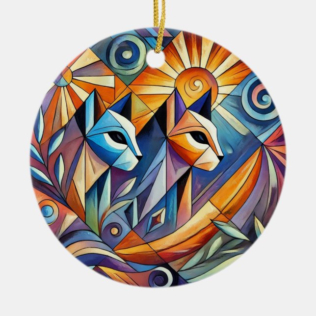 Abstract Geometric Cats with Vibrant Colors Ceramic Ornament (Front)