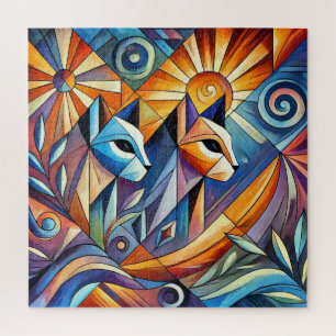 Abstract Geometric Cats with Vibrant Colors Jigsaw Puzzle