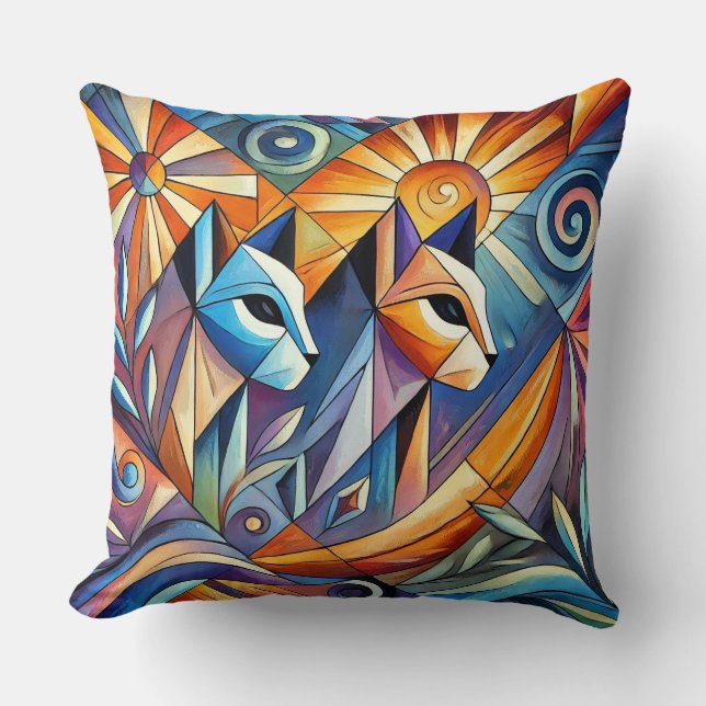 Abstract Geometric Cats with Vibrant Colors Throw Pillow (Front)