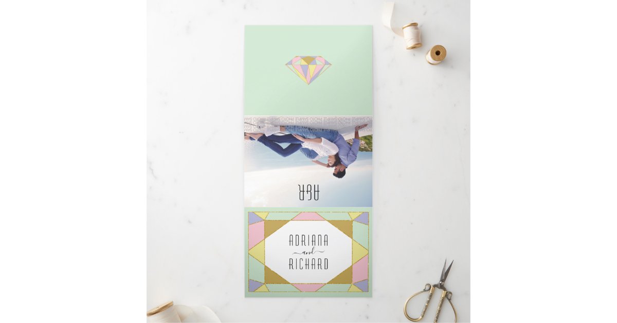 Abstract Geometric Diamond Mint Green Wedding Tri Fold Invitation