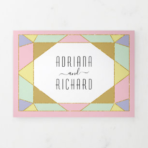 Abstract geometric diamond modern pink wedding Tri-Fold invitation