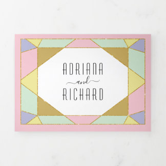 Abstract geometric diamond modern pink wedding Tri-Fold invitation
