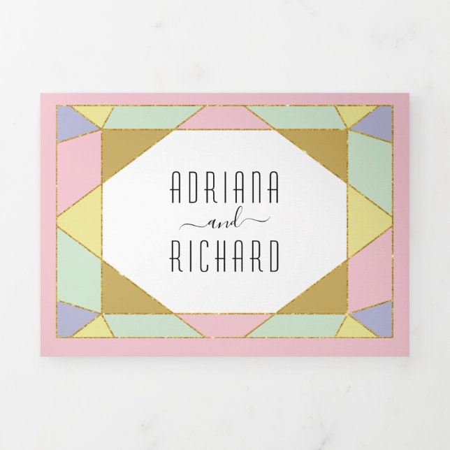 Abstract geometric diamond modern pink wedding Tri-Fold invitation (Cover)