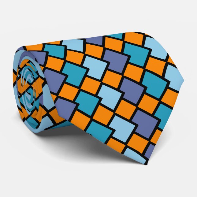 Abstract Geometric Diamond Shape Orange Blue Neck Tie (Rolled)