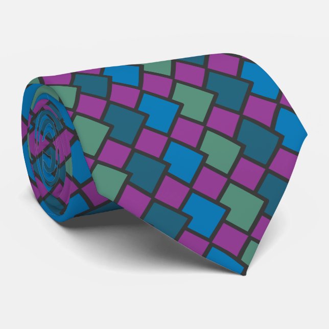 Abstract Geometric Diamond Shape Purple Blue Green Neck Tie (Rolled)