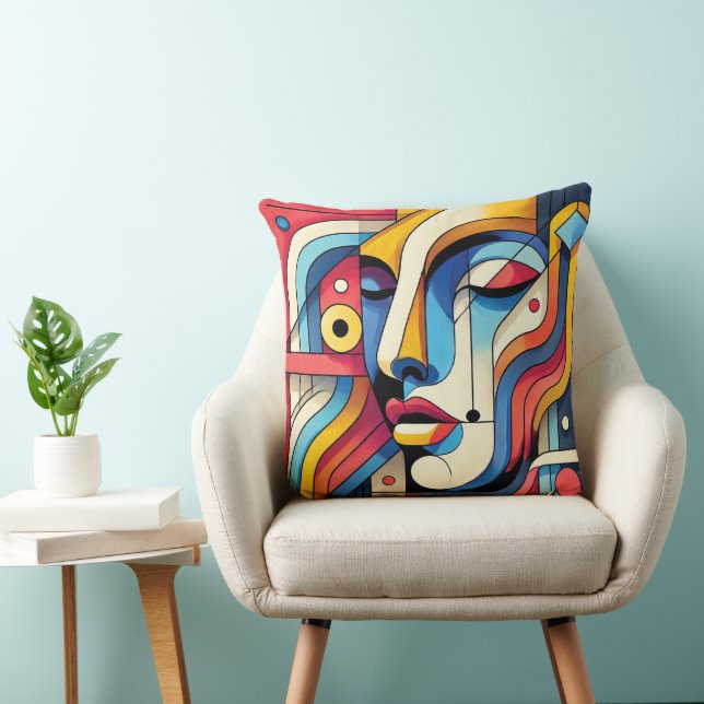 Abstract Geometric Face Design – Bold and Vibrant  Throw Pillow (Chair)