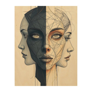 Abstract geometric faces wood wall art