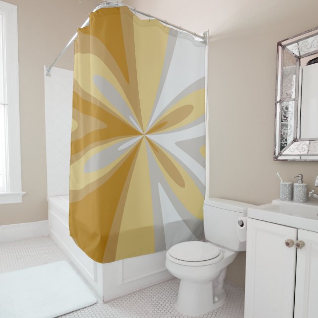 Abstract Geometric Floral Art Gold, Greyish Silver Shower Curtain (In Situ)