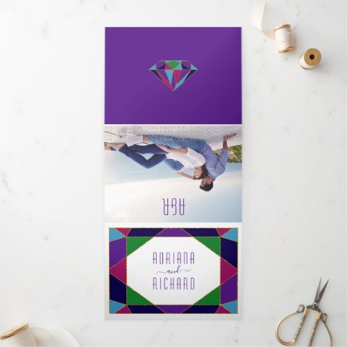 Abstract geometric frame typography purple wedding Tri_Fold invitation