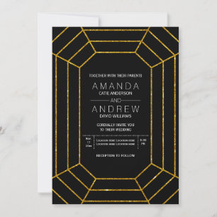 Abstract geometric gold glitter diamond wedding invitation
