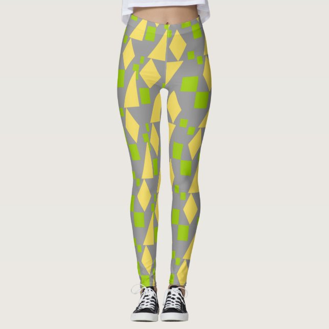 Abstract Geometric Green Yellow Pattern on Gray Leggings (Front)