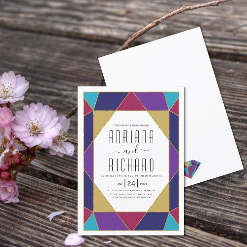 Abstract geometric jewel multicolored wedding invitation