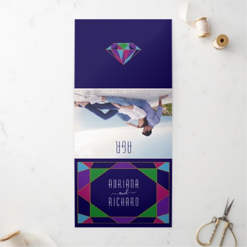 Abstract geometric jewel typography blue wedding Tri_Fold invitation