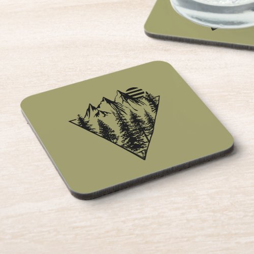 Abstract geometric landscape pine trees sunset beverage coaster