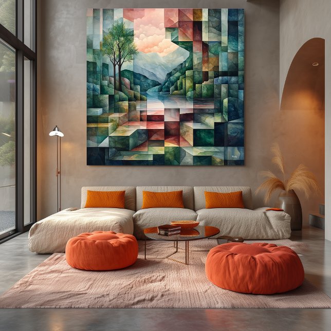Abstract Geometric Landscape with River and Tree Canvas Print (Creator Uploaded)