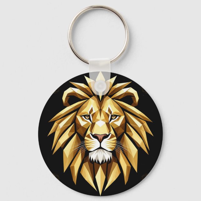 Abstract Geometric Lion Art with Intense Gold Tone Keychain (Front)