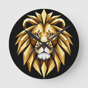 Abstract Geometric Lion Art with Intense Gold Tone Round Clock
