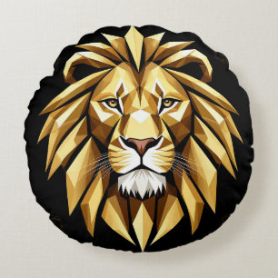 Abstract Geometric Lion Art with Intense Gold Tone Round Pillow
