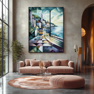 Abstract Geometric Lisbon Skyline with Tram Canvas Print