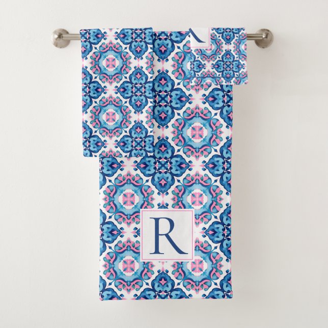 Abstract geometric Mediterranean pink tile pattern Bath Towel Set (Insitu)