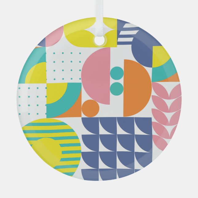Abstract Geometric, Modern Vintage Shapes. Glass Ornament (Front)