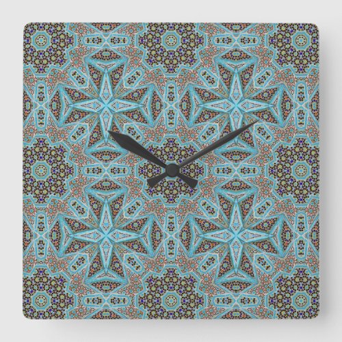 Abstract Geometric Mosaic Pattern Teal Square Wall Clock