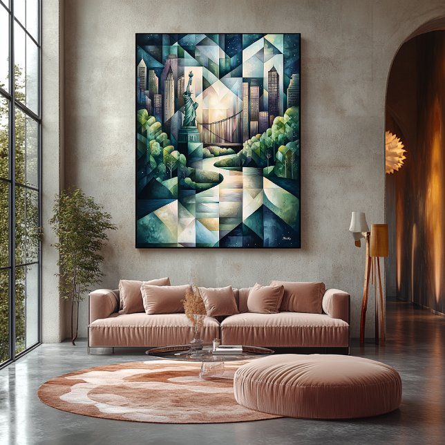 Abstract Geometric New York Skyline Statue Liberty Canvas Print (Creator Uploaded)