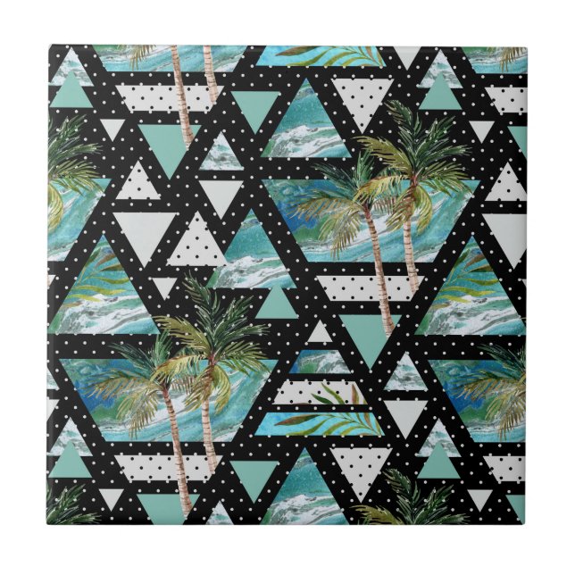 Abstract Geometric Palms & Waves Pattern Ceramic Tile (Front)