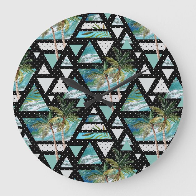 Abstract Geometric Palms & Waves Pattern Large Clock (Front)
