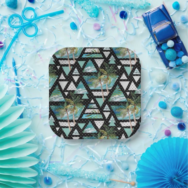 Abstract Geometric Palms & Waves Pattern Paper Plates (Party)