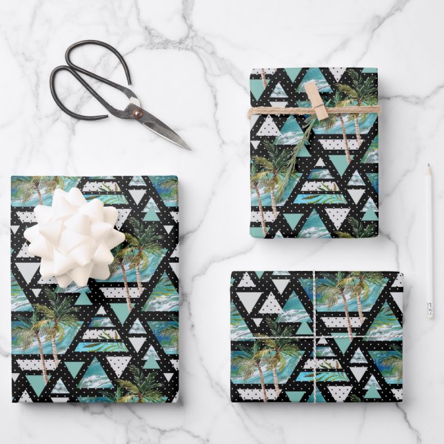 Abstract Geometric Palms & Waves Pattern Wrapping Paper Sheets (Front)