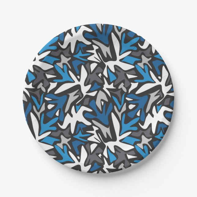 abstract, geometric, pattern, black and blue throw paper plates (Front)