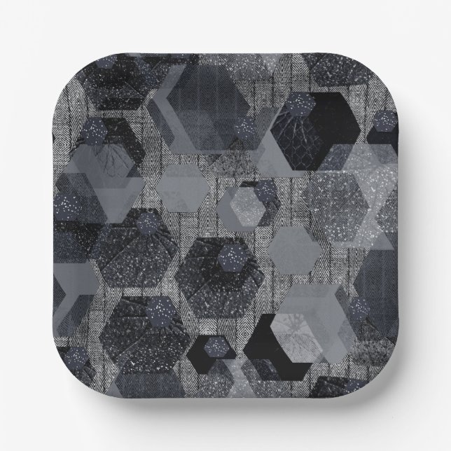 Abstract geometric pattern, black and gray .  paper plates (Front)