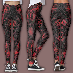 Abstract Geometric Pattern   Black and Red Leggings