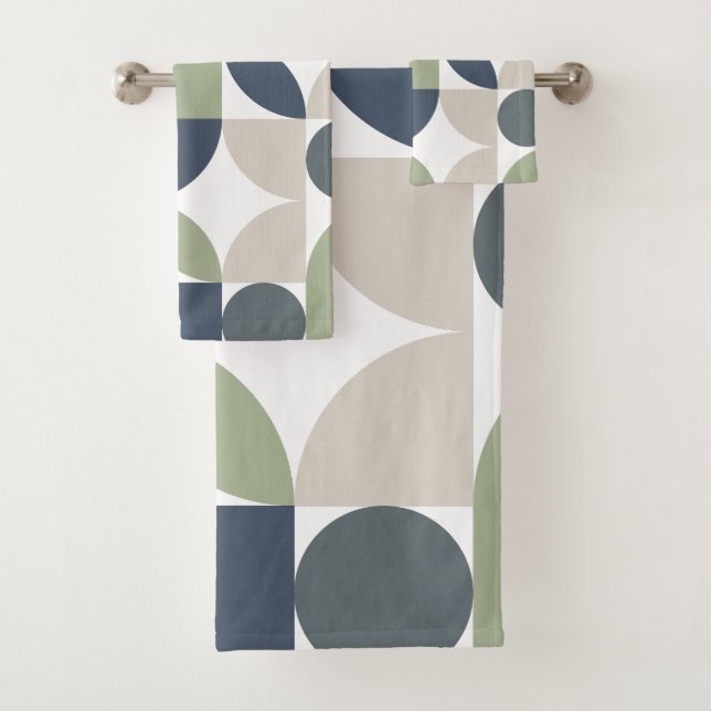 Abstract Geometric Pattern Grey Green Mid Century Bath Towel Set (Insitu)