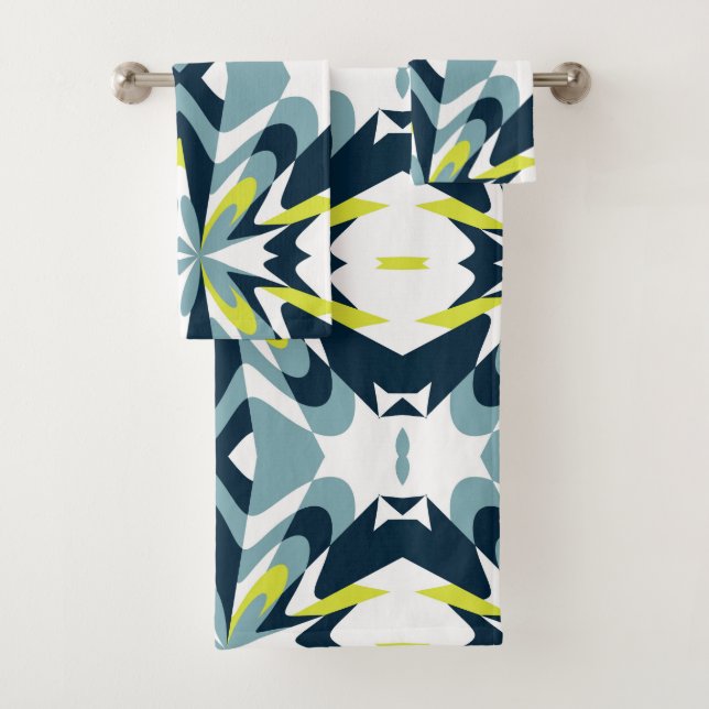 Abstract Geometric Pattern in Navy, Teal, and Lime Bath Towel Set (Insitu)