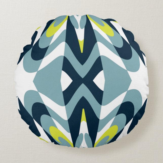 Abstract Geometric Pattern in Navy, Teal, and Lime Round Pillow (Front)