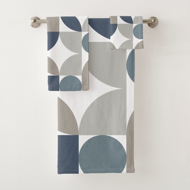 Abstract Geometric Pattern Navy Blue Gray Bath Towel Set (Insitu)